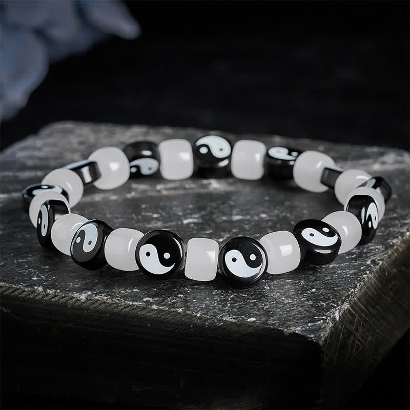 Buddha Stones Liuli Yin Yang Balance-Armband aus schwarzen und weißen Perlen - image 1