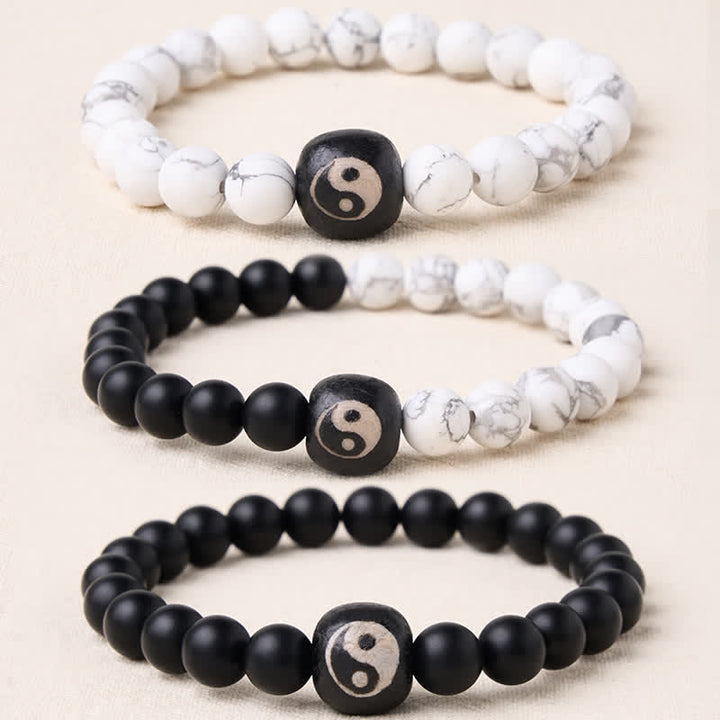Buddha Stones Armband aus runden Perlen mit schwarzem Onyx, weißem Türkis und Yin-Yang-Symbol - image 0