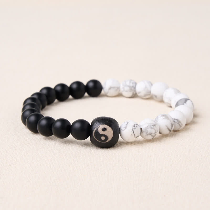 Buddha Stones Armband aus runden Perlen mit schwarzem Onyx, weißem Türkis und Yin-Yang-Symbol - Schwarzer Onyx und weißer Türkis - 5,9–6,3 Zoll (15–16 cm) - image 10