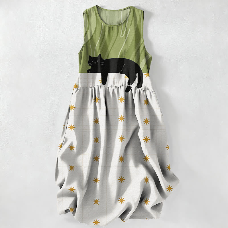 Buddha Stones Lässiges, ärmelloses Midikleid für Damen mit schwarzem Katzen- und Sternenmuster und Taschen - Gelbgrün - US16, UK/AU20, EU48 (3XL) - image 0