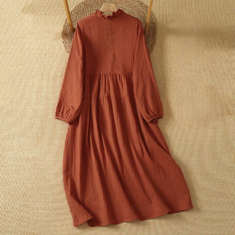 Buddha Stones Vintage-Boho-Kleid für Damen im Herbststil, einfarbig, V-Ausschnitt, langärmlig, mit Tasche - image 1