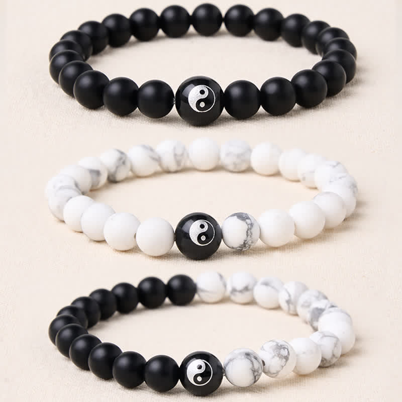 Buddha Stones Schwarzes Onyx-Weißtürkis-Yin-Yang-Armband mit runden Perlen aus schwarzem Obsidian - image 23