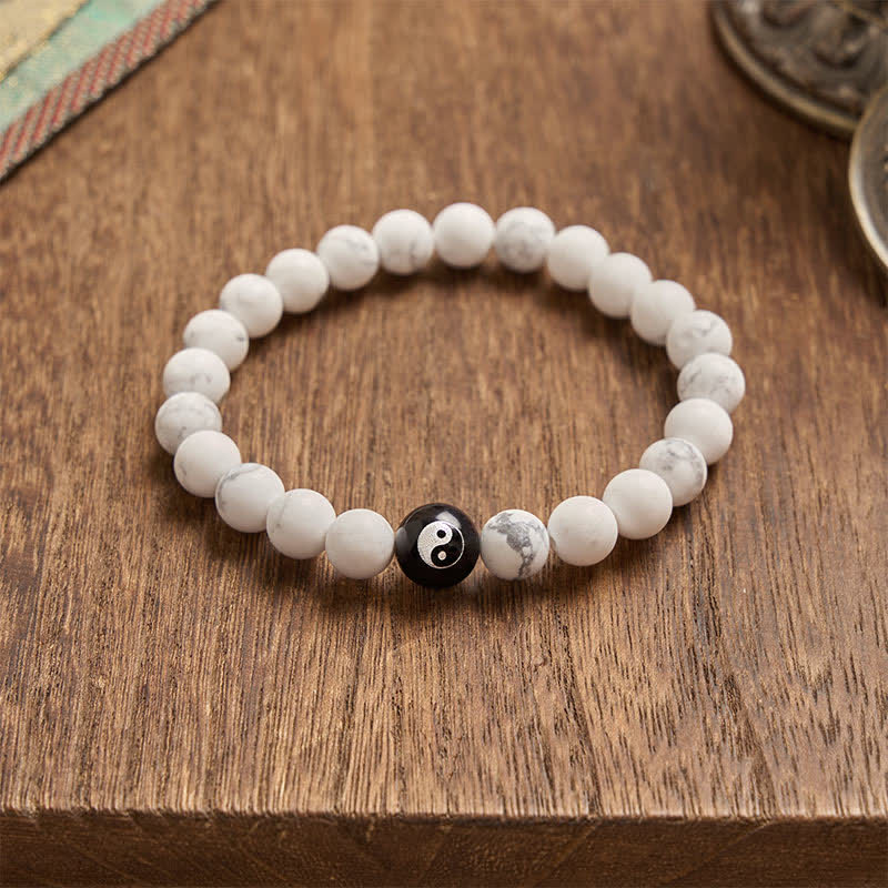 Buddha Stones Schwarzes Onyx-Weißtürkis-Yin-Yang-Armband mit runden Perlen aus schwarzem Obsidian - image 14