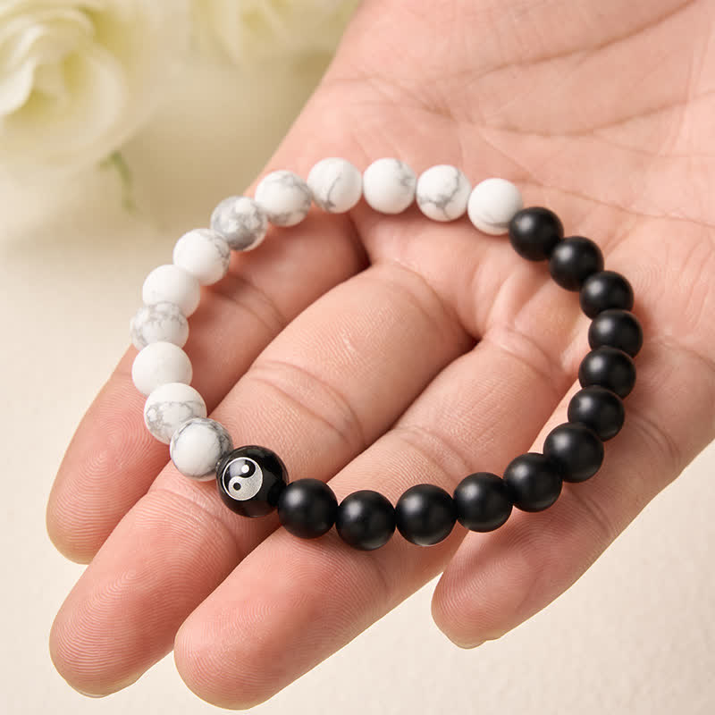 Buddha Stones Schwarzes Onyx-Weißtürkis-Yin-Yang-Armband mit runden Perlen aus schwarzem Obsidian - image 21