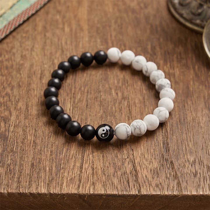 Buddha Stones Schwarzes Onyx-Weißtürkis-Yin-Yang-Armband mit runden Perlen aus schwarzem Obsidian - image 20