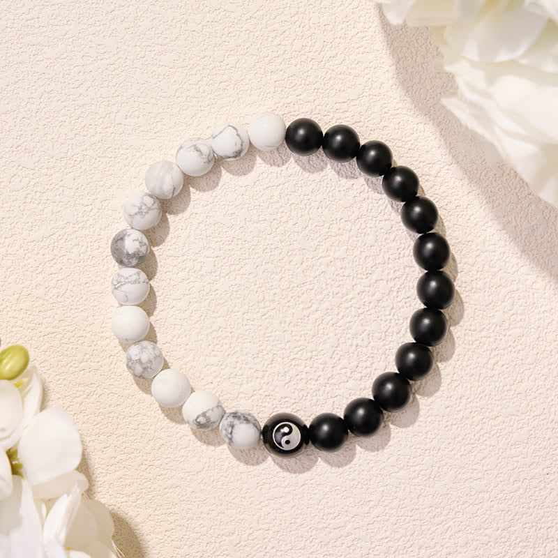 Buddha Stones Schwarzes Onyx-Weißtürkis-Yin-Yang-Armband mit runden Perlen aus schwarzem Obsidian - image 22