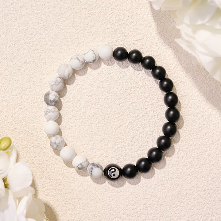 Buddha Stones Schwarzes Onyx-Weißtürkis-Yin-Yang-Armband mit runden Perlen aus schwarzem Obsidian - image 22