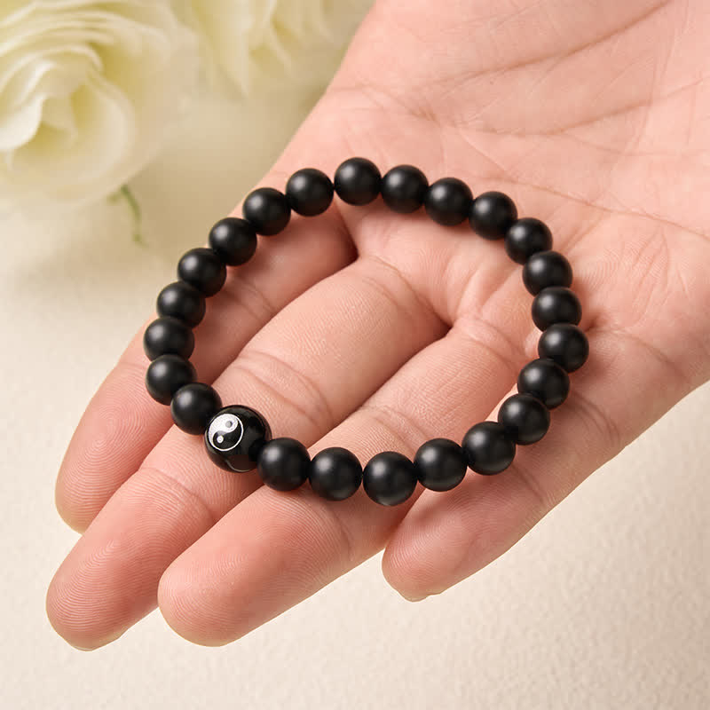 Buddha Stones Schwarzes Onyx-Weißtürkis-Yin-Yang-Armband mit runden Perlen aus schwarzem Obsidian - image 4