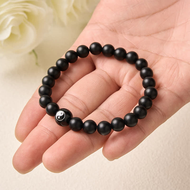 Buddha Stones Schwarzes Onyx-Weißtürkis-Yin-Yang-Armband mit runden Perlen aus schwarzem Obsidian - image 4