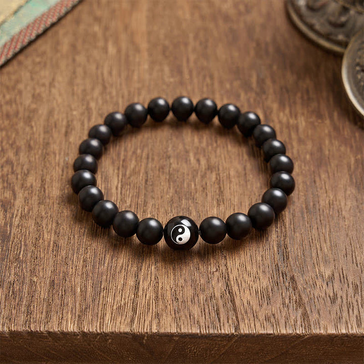 Buddha Stones Schwarzes Onyx-Weißtürkis-Yin-Yang-Armband mit runden Perlen aus schwarzem Obsidian - image 3