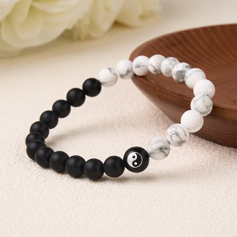 Buddha Stones Schwarzes Onyx-Weißtürkis-Yin-Yang-Armband mit runden Perlen aus schwarzem Obsidian - image 19