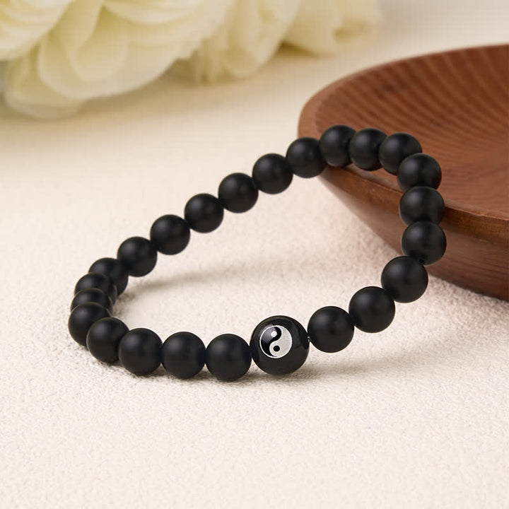 Buddha Stones Schwarzes Onyx-Weißtürkis-Yin-Yang-Armband mit runden Perlen aus schwarzem Obsidian - image 2