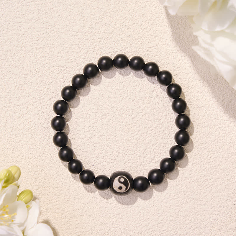 Buddha Stones Schwarzes Onyx-Weißtürkis-Yin-Yang-Armband mit runden Perlen aus schwarzem Obsidian - image 5