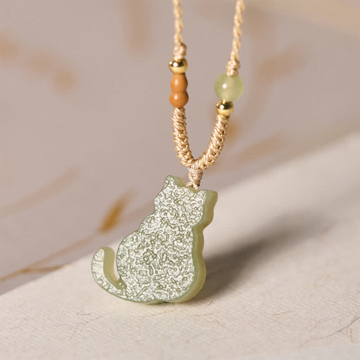 Buddha Stones Jade-Katzen-Anhänger aus geflochtener Kordel, Fülle-Halskette - image 3