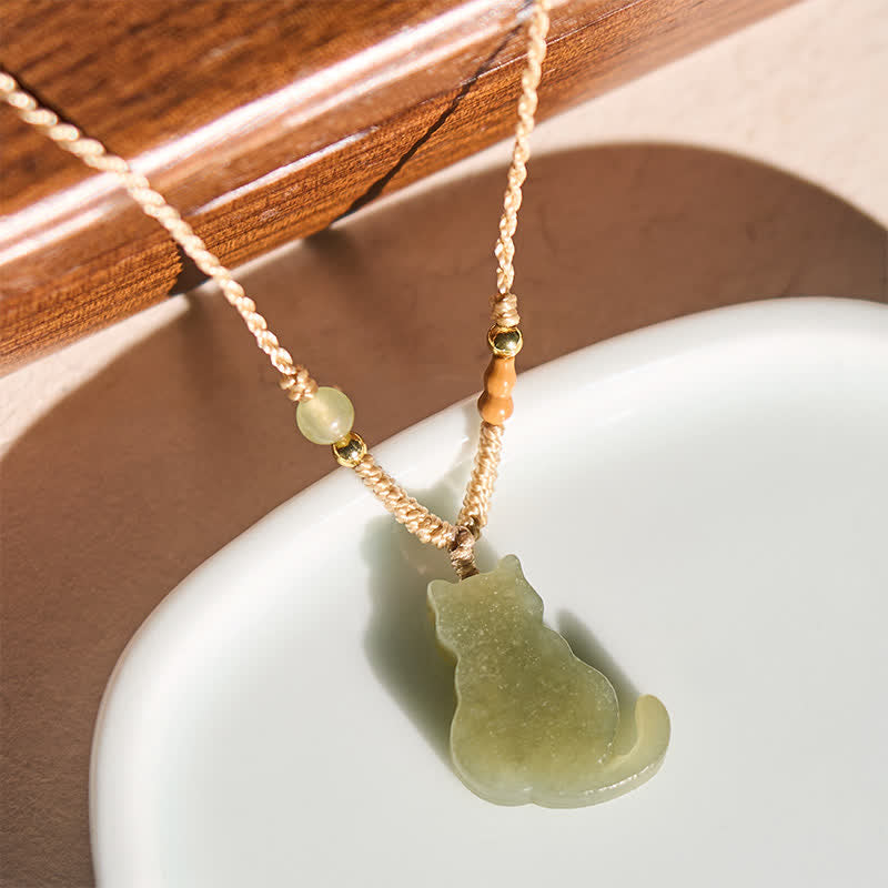 Buddha Stones Jade-Katzen-Anhänger aus geflochtener Kordel, Fülle-Halskette - image 1