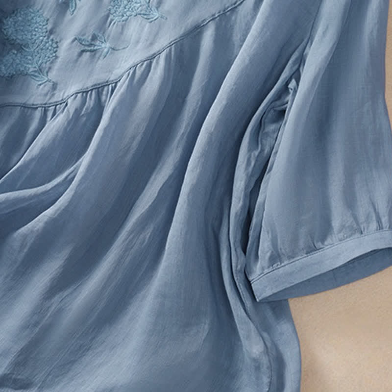 Damen-T-Shirt mit halben Ärmeln und Buddha Stones -Stickerei, Blumenmuster und Rundhalsausschnitt - image 5