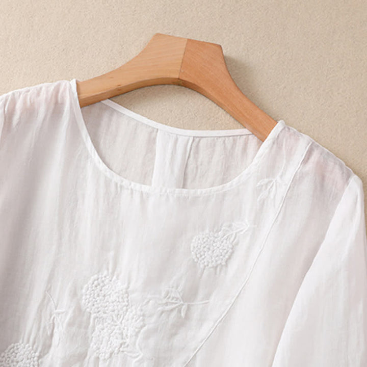 Damen-T-Shirt mit halben Ärmeln und Buddha Stones -Stickerei, Blumenmuster und Rundhalsausschnitt - image 9