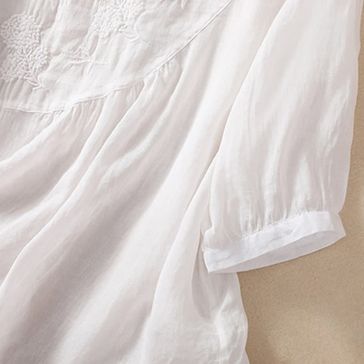 Damen-T-Shirt mit halben Ärmeln und Buddha Stones -Stickerei, Blumenmuster und Rundhalsausschnitt - image 11