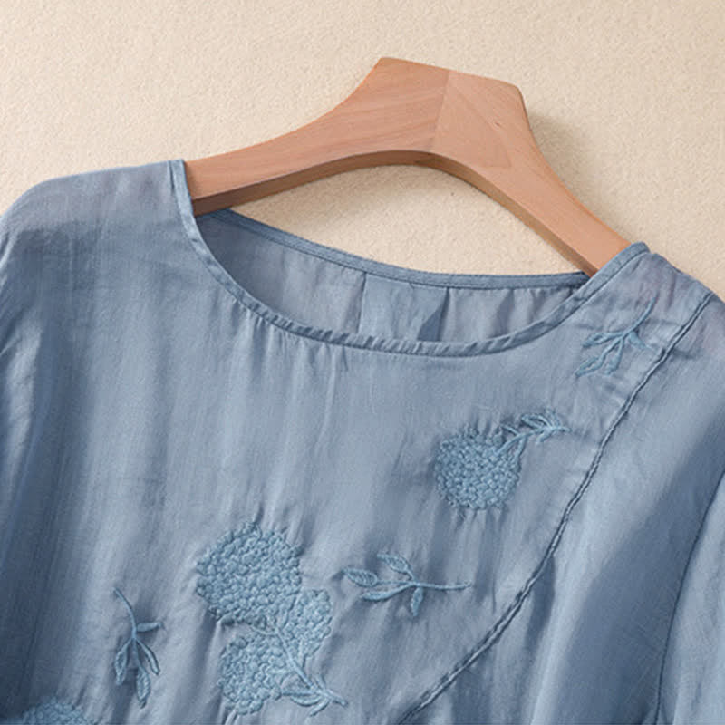 Damen-T-Shirt mit halben Ärmeln und Buddha Stones -Stickerei, Blumenmuster und Rundhalsausschnitt - image 2