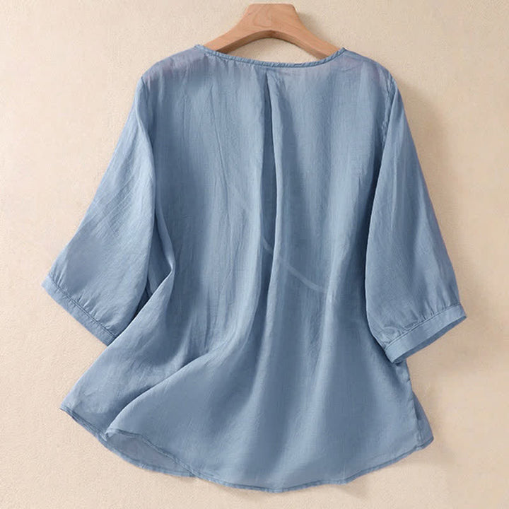 Damen-T-Shirt mit halben Ärmeln und Buddha Stones -Stickerei, Blumenmuster und Rundhalsausschnitt - image 1