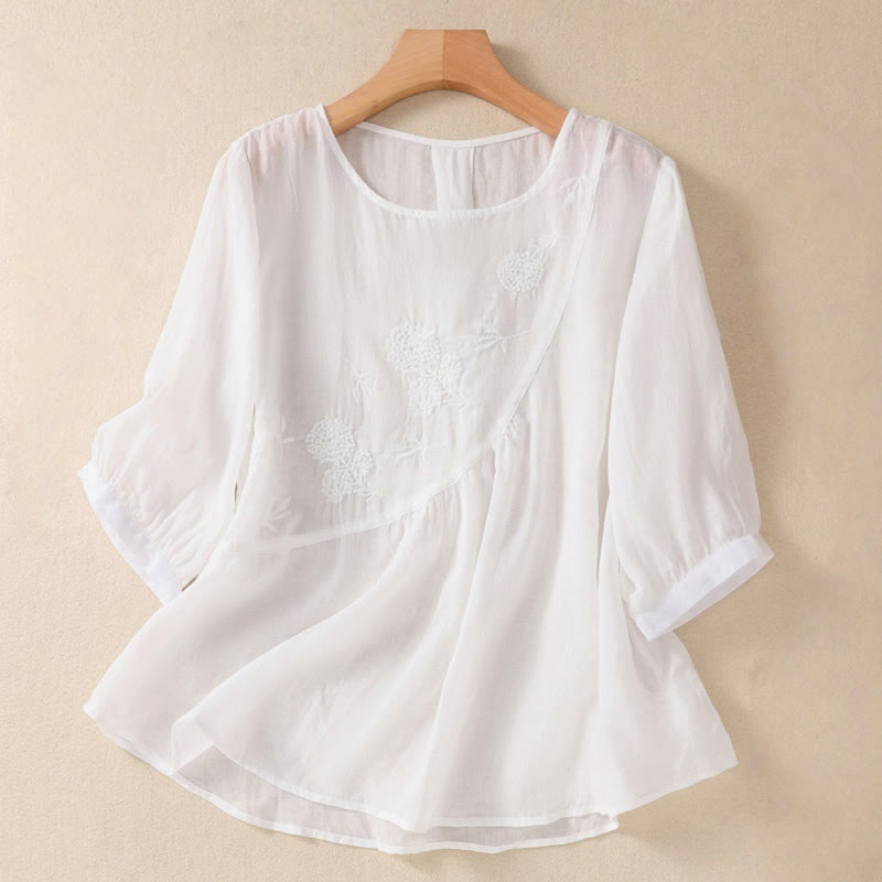 Damen-T-Shirt mit halben Ärmeln und Buddha Stones -Stickerei, Blumenmuster und Rundhalsausschnitt - Schnee - US8-10, UK/AU12-14, EU40-42 (2XL) - image 7