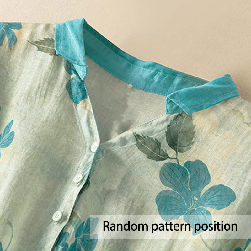 Buddha Stones Midikleid mit halben Ärmeln, farblich kontrastierendem Blumenmuster und Taschen - image 1