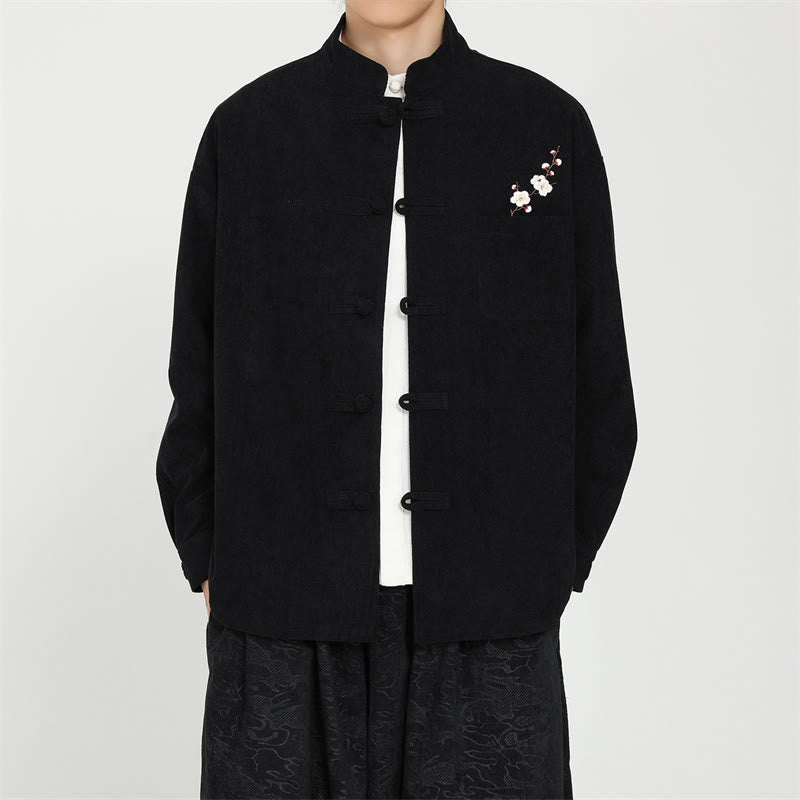 Buddha Stones Herbst/Winter Herrenjacke im Vintage-Stil mit Froschknopfstickerei, floraler Cord-Optik und aufgesetzter Tasche im Tang-Stil. - Schwarz - US/UK/AU46, EU56 (5XL) - image 0