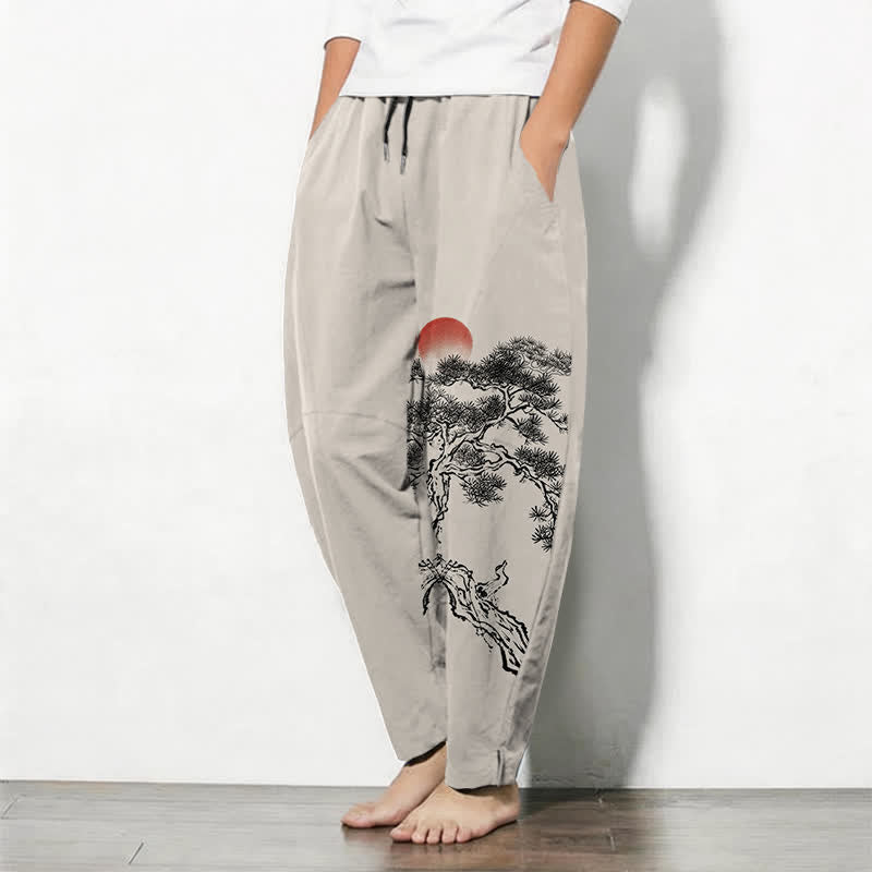 Buddha Stones Reine Baumwolle, Herrenhose mit rotem Sonnenmuster, Kordelzug und Taschen - image 1