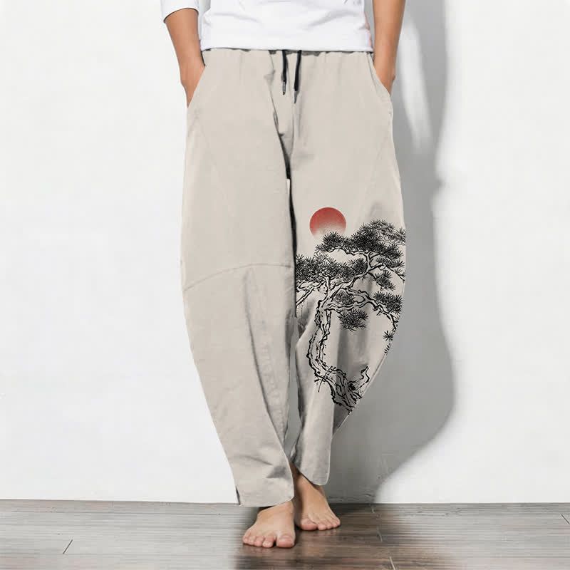 Buddha Stones Reine Baumwolle, Herrenhose mit rotem Sonnenmuster, Kordelzug und Taschen - Leinen - US/UK/AU50, EU60 (5XL) - image 0