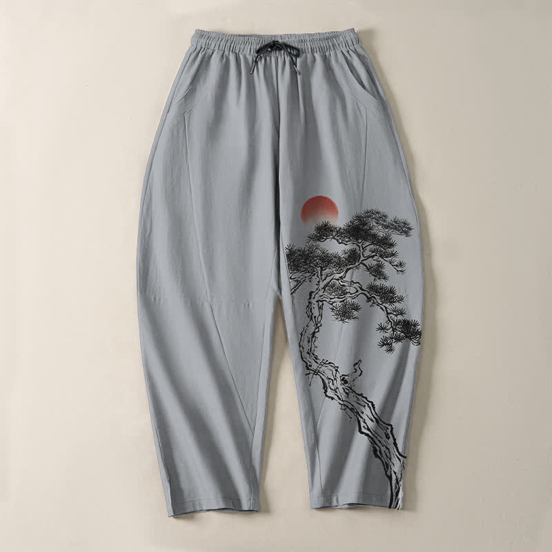 Buddha Stones Reine Baumwolle, Herrenhose mit rotem Sonnenmuster, Kordelzug und Taschen - image 9