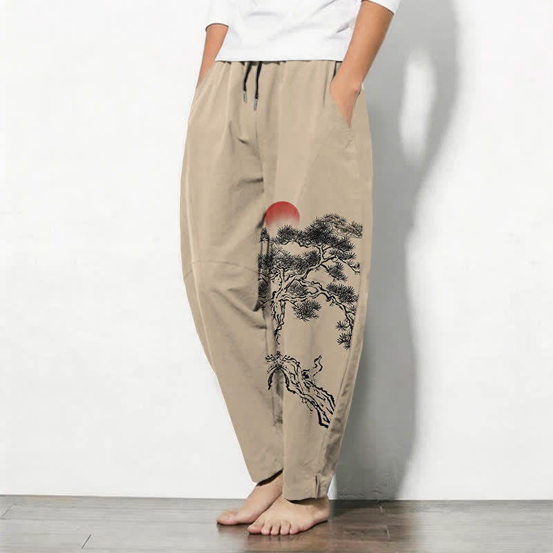 Buddha Stones Reine Baumwolle, Herrenhose mit rotem Sonnenmuster, Kordelzug und Taschen - image 12