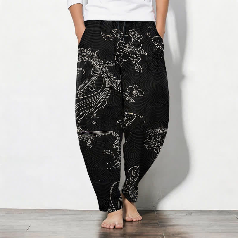 Buddha Stones Herrenhose aus reiner Baumwolle mit Koi-Blumen-Wellenmuster, Kordelzug und Taschen - Schwarz - US/UK/AU50, EU60 (5XL) - image 0