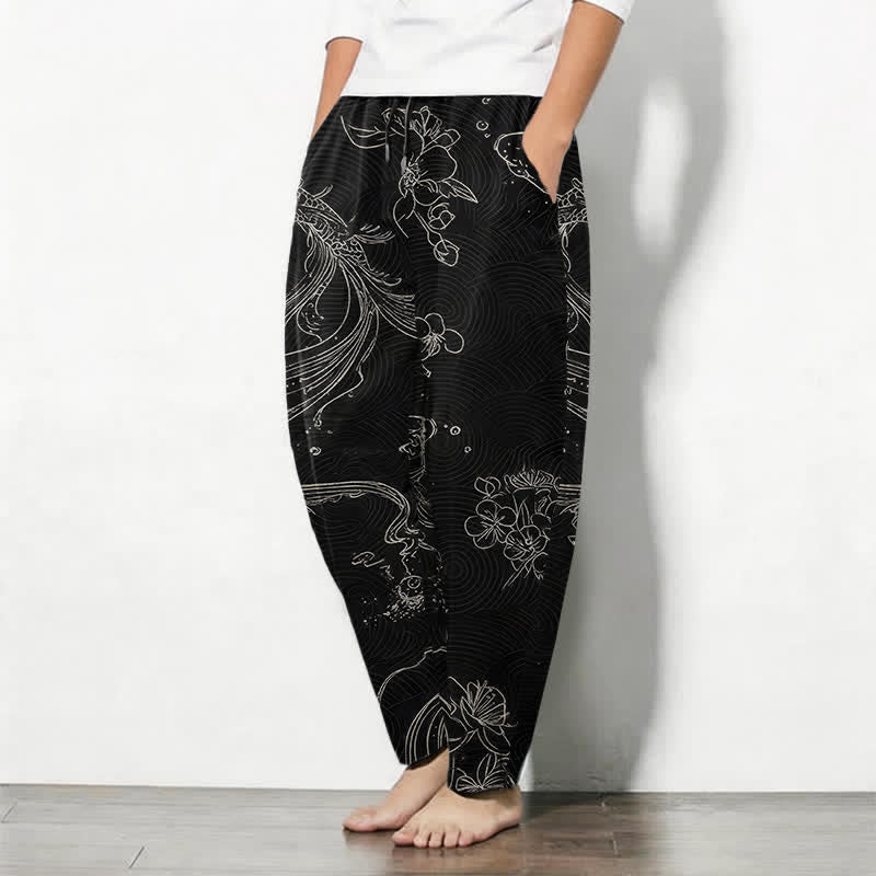 Buddha Stones Herrenhose aus reiner Baumwolle mit Koi-Blumen-Wellenmuster, Kordelzug und Taschen - image 1