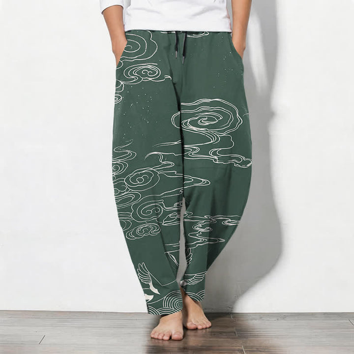 Buddha Stones Herrenhose aus reiner Baumwolle mit Kranichmuster, schmal zulaufendem Schnitt und Taschen - Mittelseegrün - US/UK/AU50, EU60 (5XL) - image 0