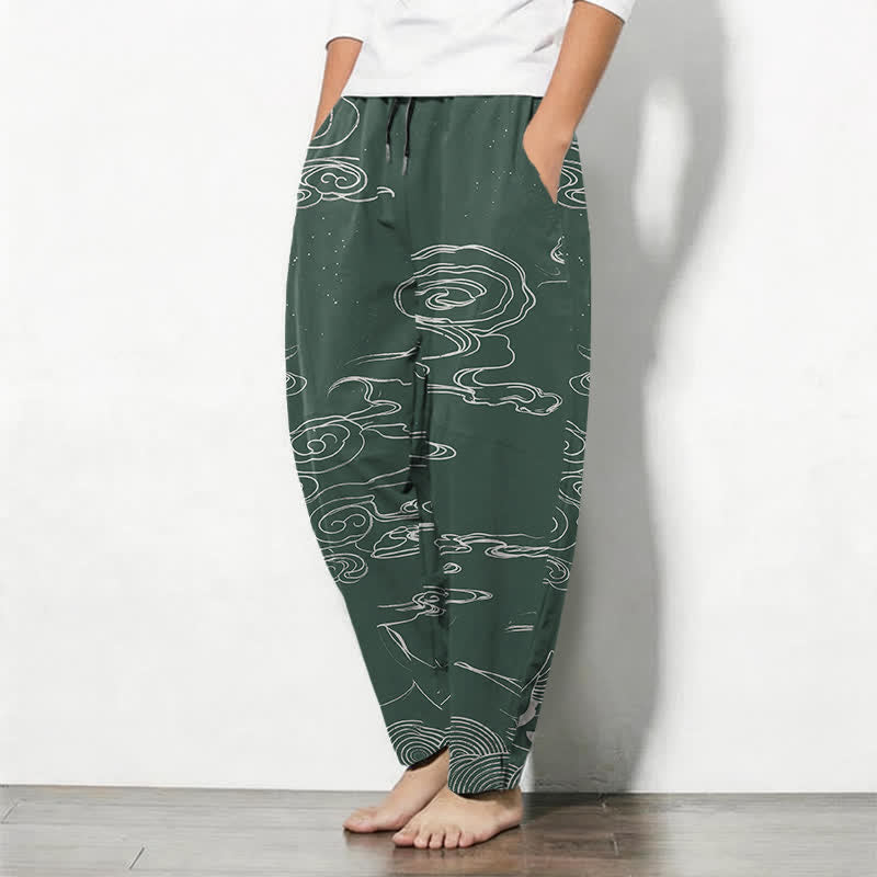 Buddha Stones Herrenhose aus reiner Baumwolle mit Kranichmuster, schmal zulaufendem Schnitt und Taschen - image 1