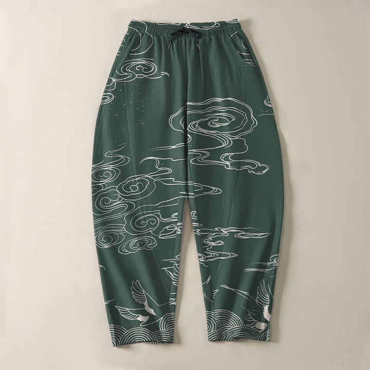 Buddha Stones Herrenhose aus reiner Baumwolle mit Kranichmuster, schmal zulaufendem Schnitt und Taschen - image 2