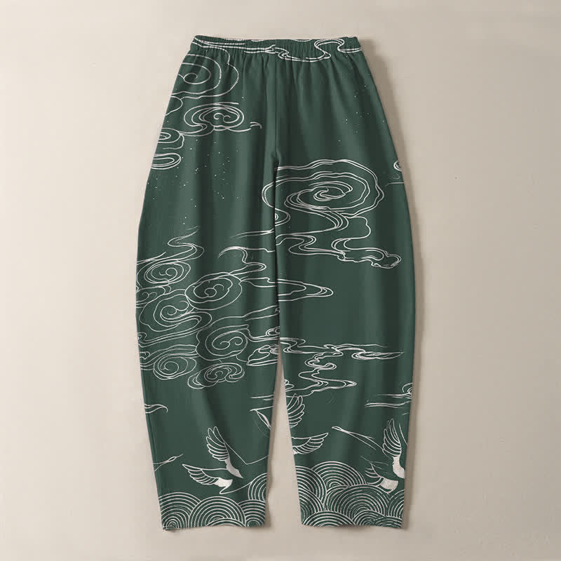 Buddha Stones Herrenhose aus reiner Baumwolle mit Kranichmuster, schmal zulaufendem Schnitt und Taschen - image 3