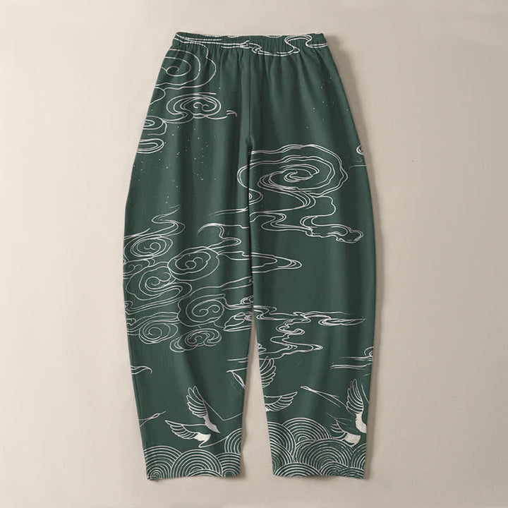 Buddha Stones Herrenhose aus reiner Baumwolle mit Kranichmuster, schmal zulaufendem Schnitt und Taschen - image 3