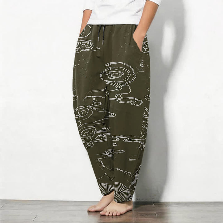 Buddha Stones Herrenhose aus reiner Baumwolle mit Kranichmuster, schmal zulaufendem Schnitt und Taschen - image 8