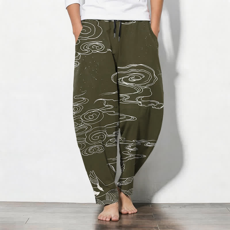 Buddha Stones Herrenhose aus reiner Baumwolle mit Kranichmuster, schmal zulaufendem Schnitt und Taschen - Dunkelolivgrün - US/UK/AU50, EU60 (5XL) - image 7