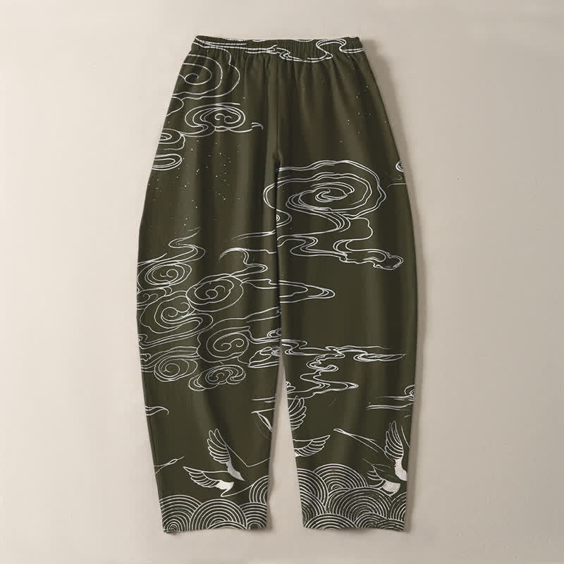 Buddha Stones Herrenhose aus reiner Baumwolle mit Kranichmuster, schmal zulaufendem Schnitt und Taschen - image 10
