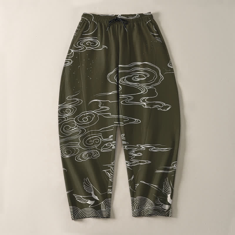 Buddha Stones Herrenhose aus reiner Baumwolle mit Kranichmuster, schmal zulaufendem Schnitt und Taschen - image 9