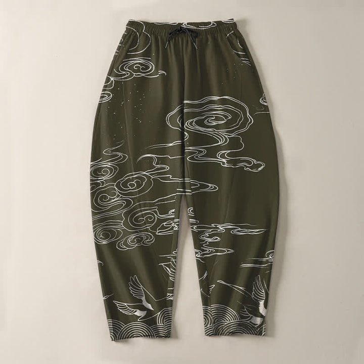 Buddha Stones Herrenhose aus reiner Baumwolle mit Kranichmuster, schmal zulaufendem Schnitt und Taschen - image 9