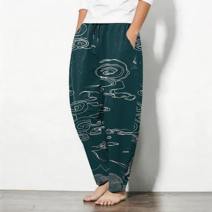 Buddha Stones Herrenhose aus reiner Baumwolle mit Kranichmuster, schmal zulaufendem Schnitt und Taschen - image 12