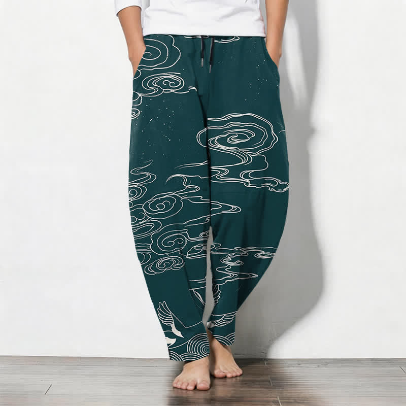Buddha Stones Herrenhose aus reiner Baumwolle mit Kranichmuster, schmal zulaufendem Schnitt und Taschen - Türkis - US/UK/AU50, EU60 (5XL) - image 11