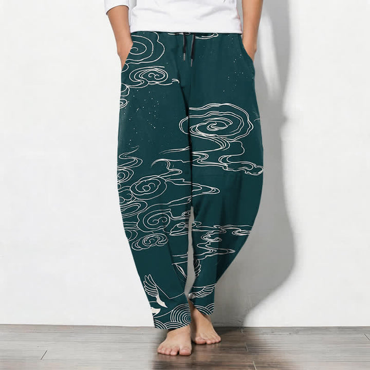 Buddha Stones Herrenhose aus reiner Baumwolle mit Kranichmuster, schmal zulaufendem Schnitt und Taschen - Türkis - US/UK/AU50, EU60 (5XL) - image 11