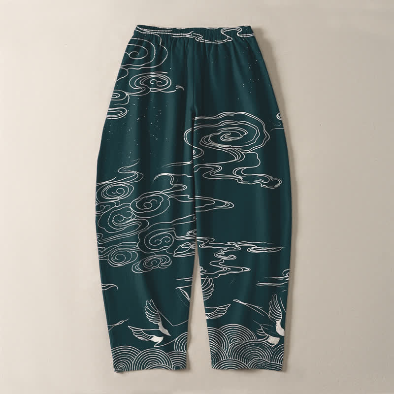 Buddha Stones Herrenhose aus reiner Baumwolle mit Kranichmuster, schmal zulaufendem Schnitt und Taschen - image 14
