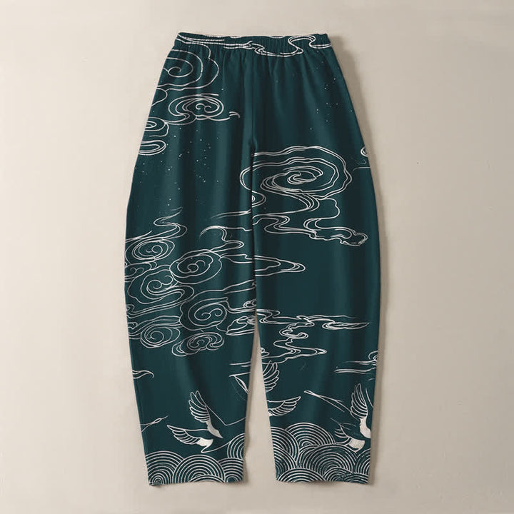 Buddha Stones Herrenhose aus reiner Baumwolle mit Kranichmuster, schmal zulaufendem Schnitt und Taschen - image 14