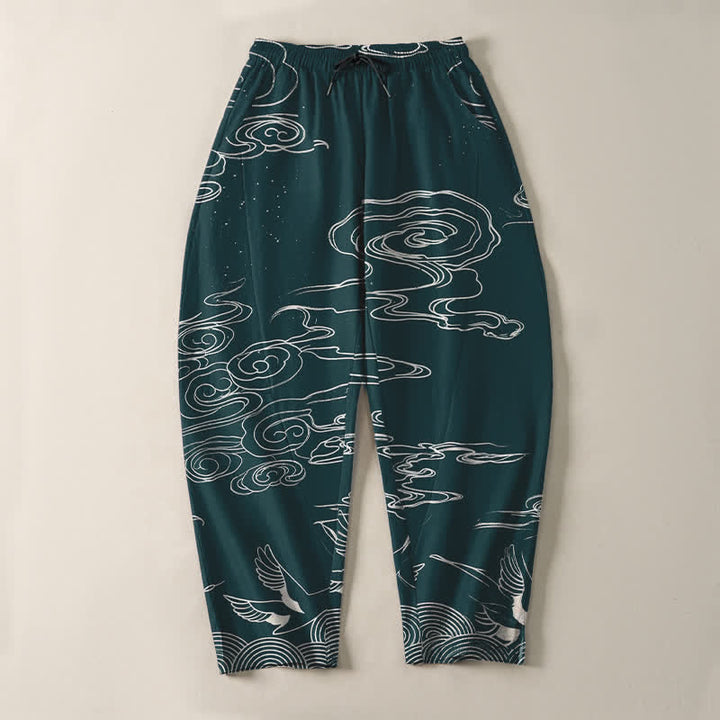 Buddha Stones Herrenhose aus reiner Baumwolle mit Kranichmuster, schmal zulaufendem Schnitt und Taschen - image 13