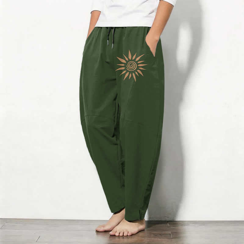 Buddha Stones Herrenhose aus reiner Baumwolle mit spiralförmigem Sonnenmuster, Kordelzug und Taschen - image 12
